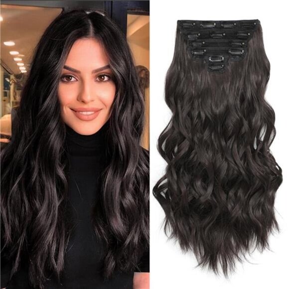 Clip in Long Wavy Synthetic Hair Extension 20 Inch Dark Brown 6PCS Thick - Picture 1 of 7